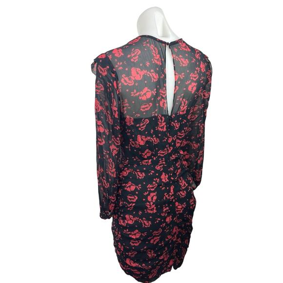 AllSaints Harlow Eira Red Floral Ruched V-Neck Long Sleeve Sheer Mini Dress XS - Picture 9 of 11